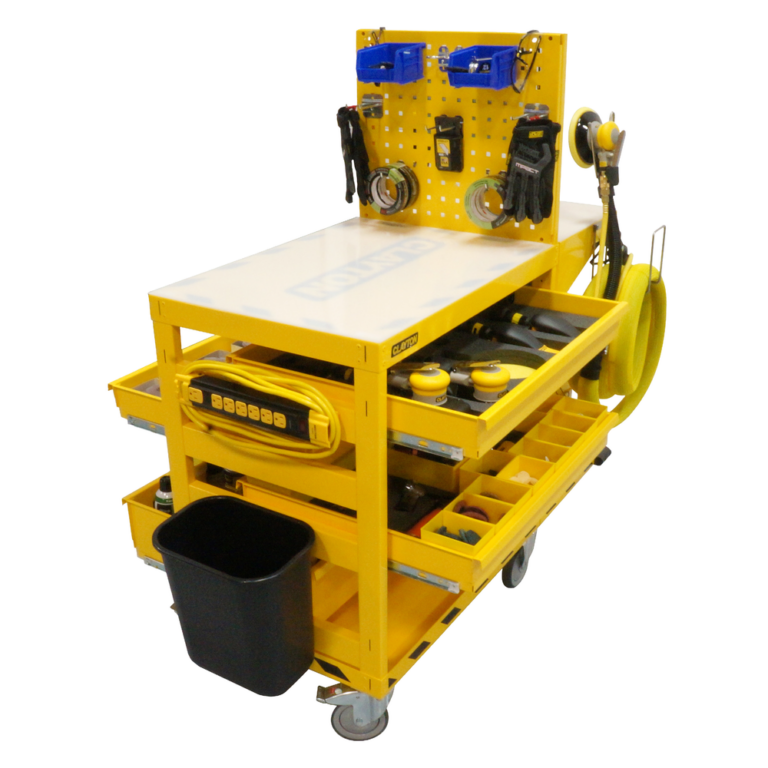 Yellow mobile workbench or cart with a pegboard back, open drawers
