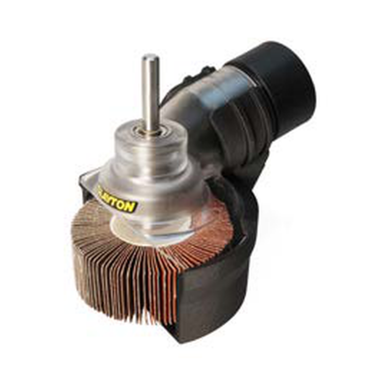 Black dust shroud around a flap wheel or buffing wheel, with a clear front