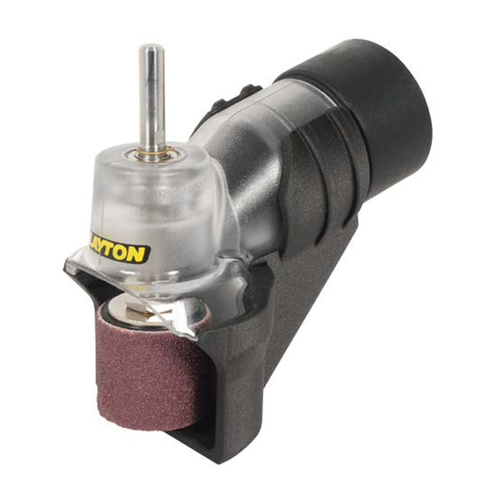 A black-and-clear handheld tool with a metal spindle and a cylindrical