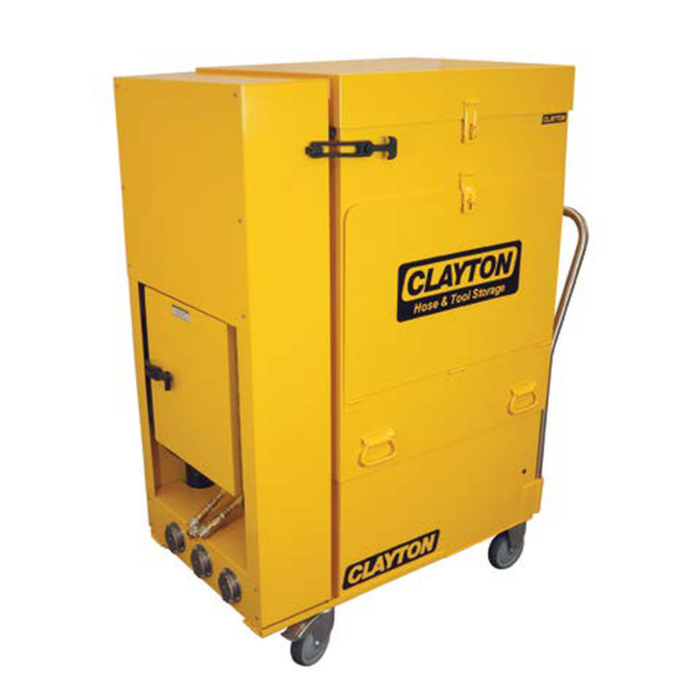 שואב תעשייתי צהוב על גלגלים עם תוויות CLAYTON, מבט אלכסוני קדמי - A yellow wheeled industrial unit with CLAYTON labels, shown in an angled