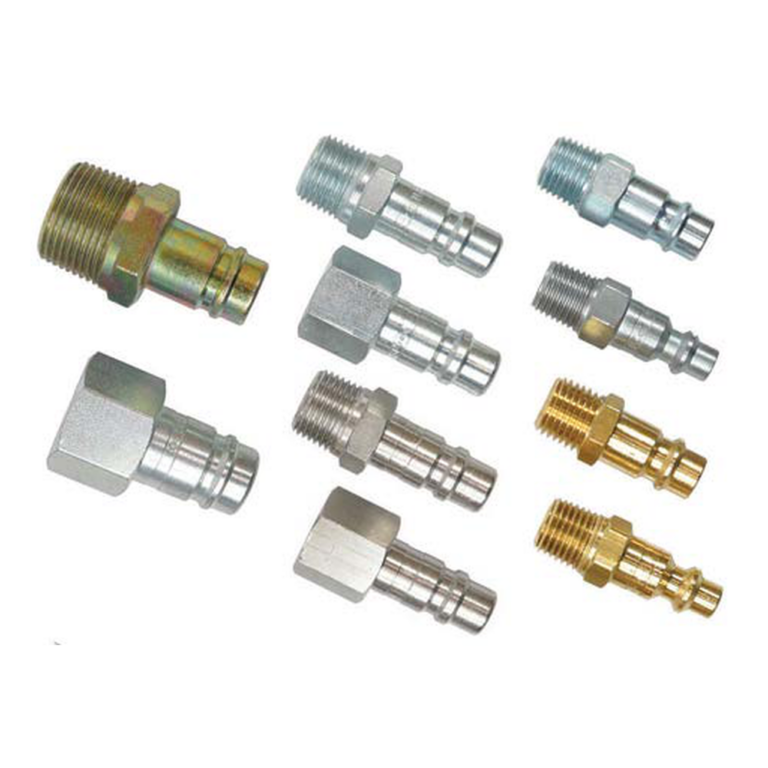A set of metal quick-connect fittings with threaded ends and cylindrical