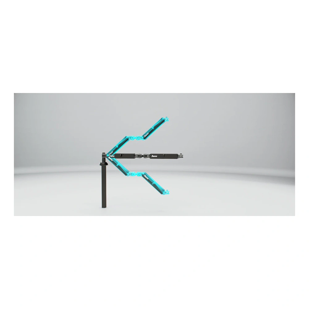 זרוע שחורה מקובעת לעמוד אנכי, עם כמה מקטעים מסומנים בקווים כחולים, על רקע