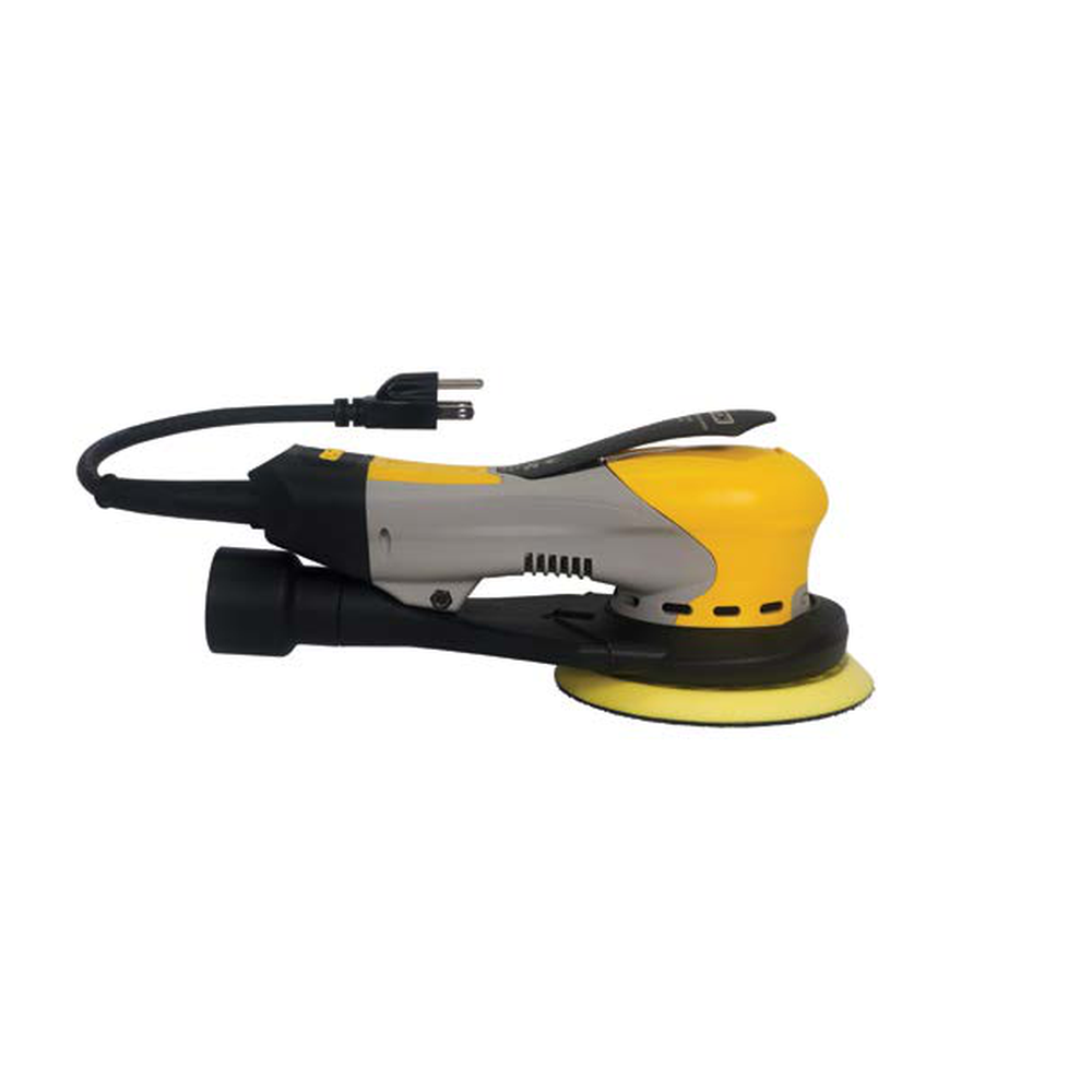 A handheld electric sander in black, gray, and yellow with a round pad