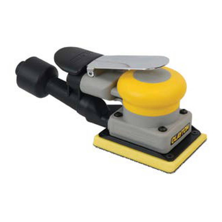 Black, gray, and yellow pneumatic orbital sander in an angled top view