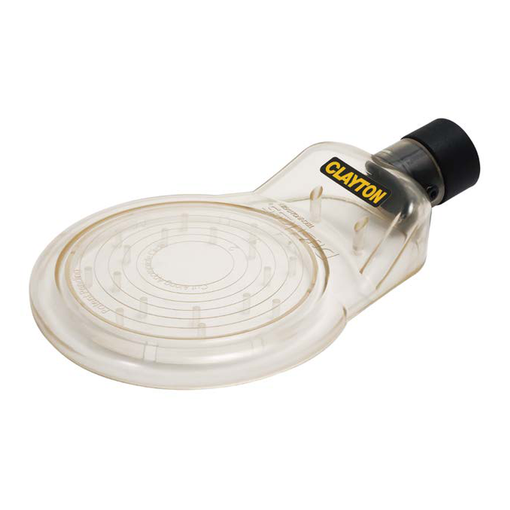 A clear drill shroud with a round base and a black connector end, shown