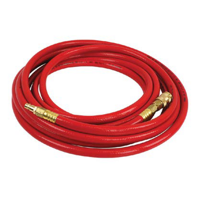 צינור אדום מפותל עם מחברי מתכת בקצותיו - Coiled red hose with metal fittings at both ends