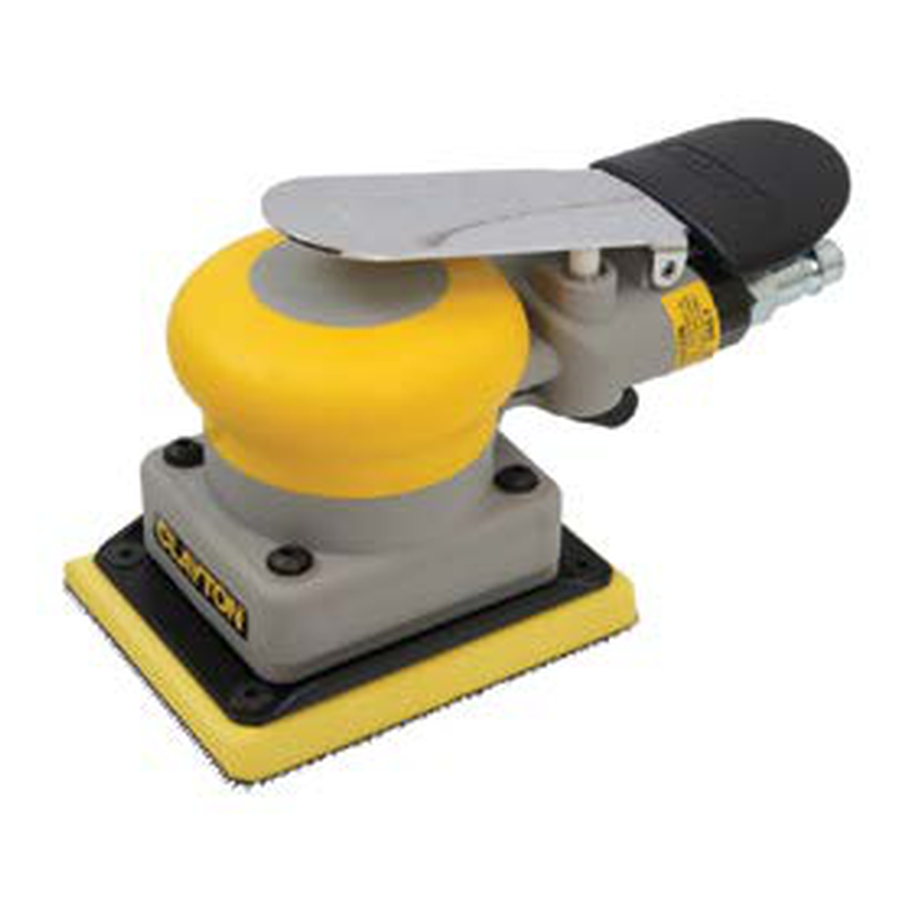 Yellow, gray, and black pneumatic sander with a rectangular pad and an air