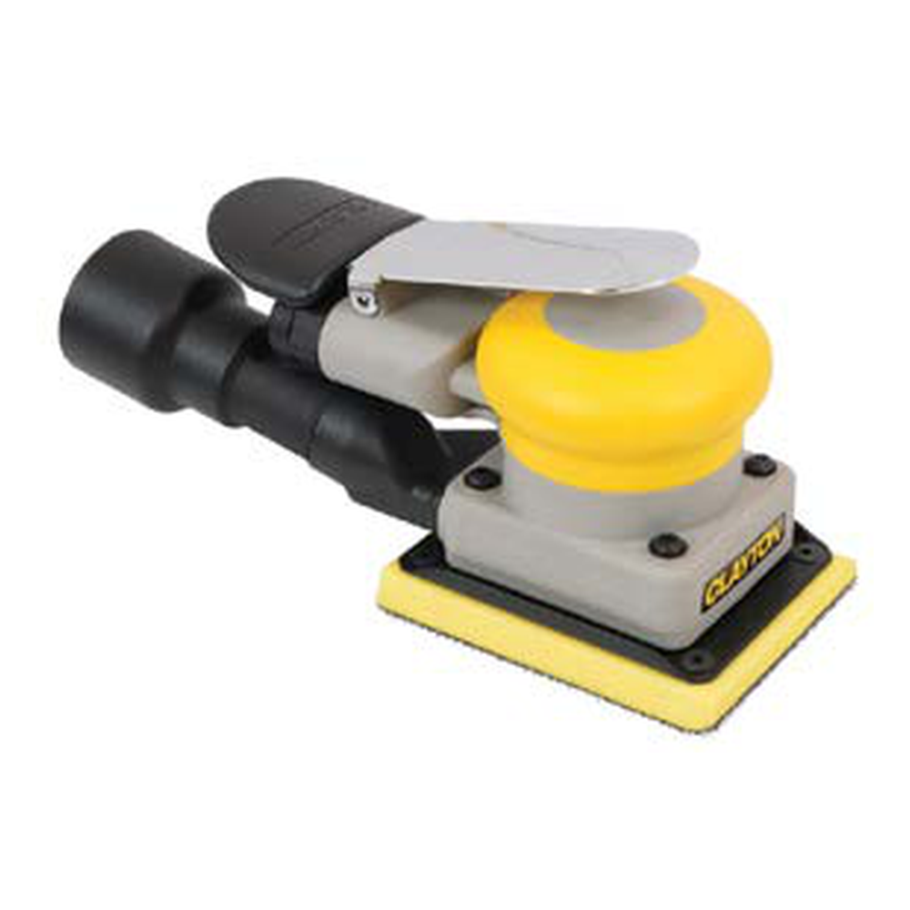 Yellow, gray, and black pneumatic sander with a rectangular pad and an air
