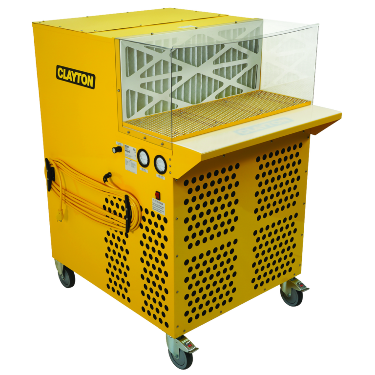 A large yellow industrial grinding or filtration cabinet on casters