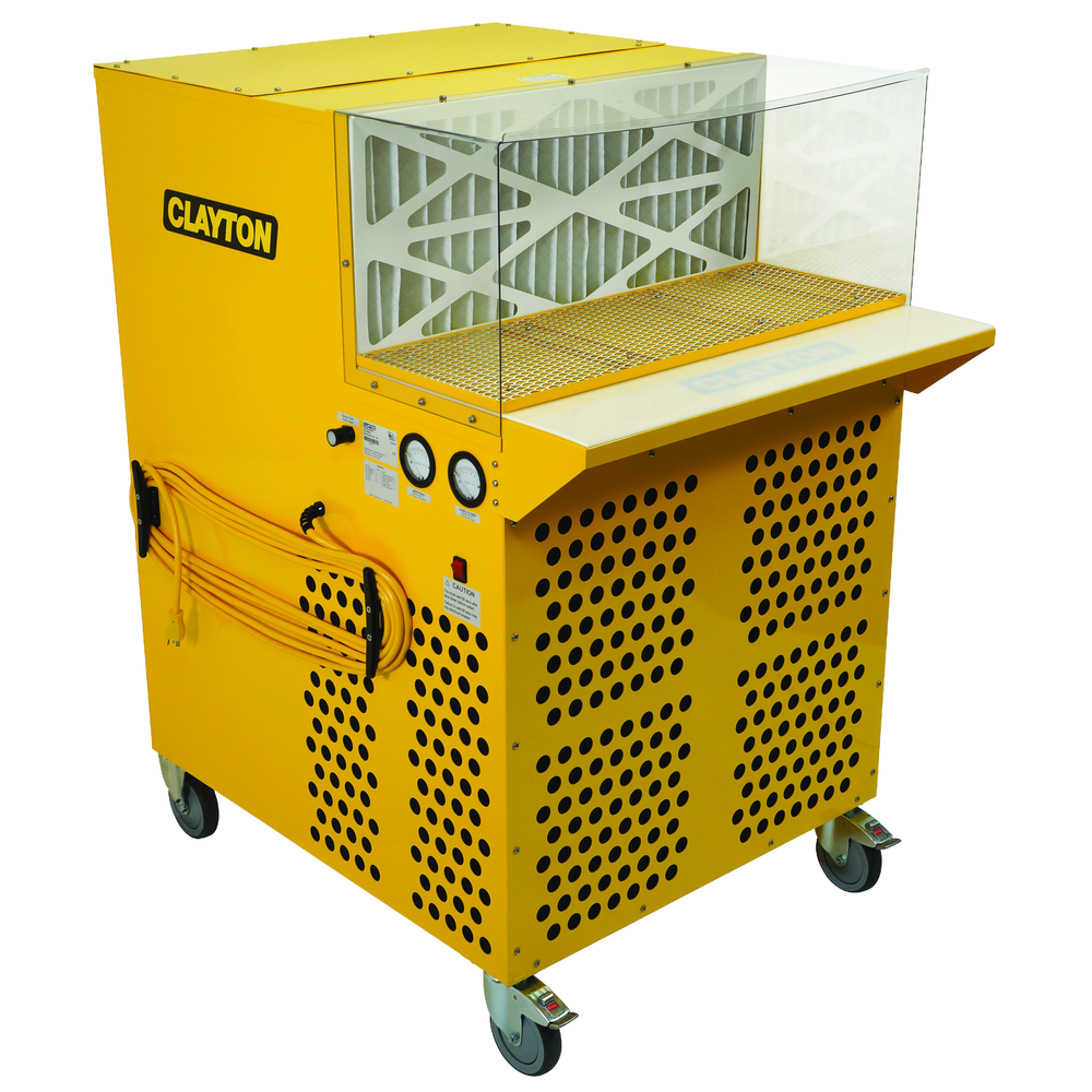 A large yellow industrial grinding or filtration cabinet on casters