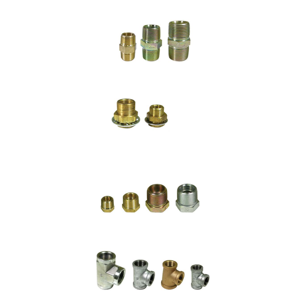 Family photo of threaded brass fittings and bulkhead-style adapters