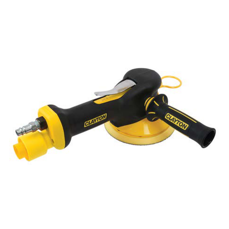 Black and yellow pneumatic dual-action sander with a top handle, shown