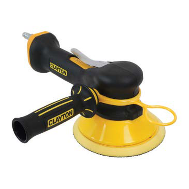 A black and yellow handheld random-orbital sander with a round yellow pad