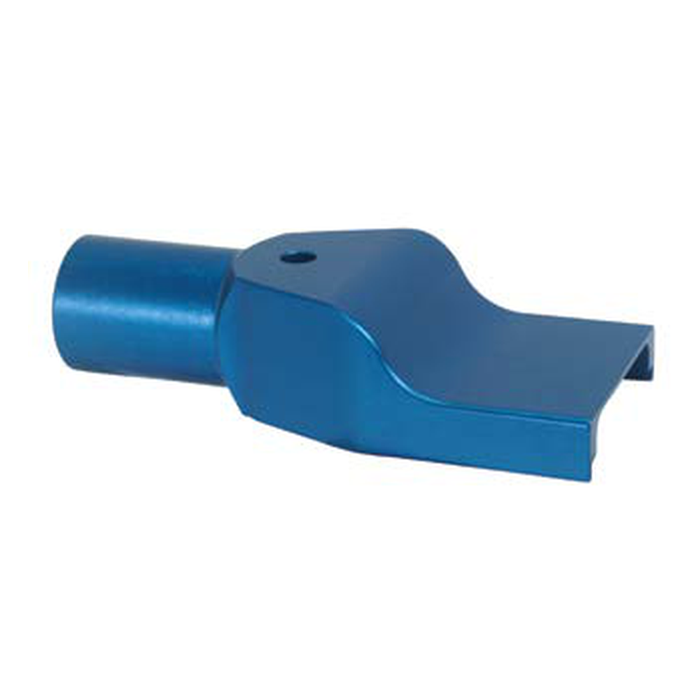 A blue plastic dust-collection accessory, shaped like an elongated channel