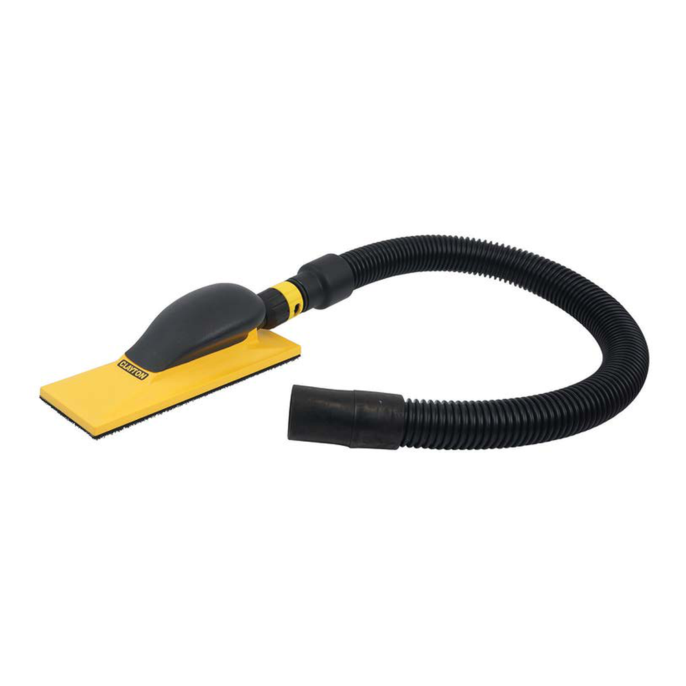 Yellow hand sanding block with a black top and a black flexible vacuum hose