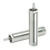 Two silver metal cylindrical motors, one standing vertically and one lying
