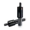 Two black cylindrical air motors, one standing upright and one placed