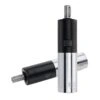 A black-and-silver cylindrical motor in a front-side view, with a shaft
