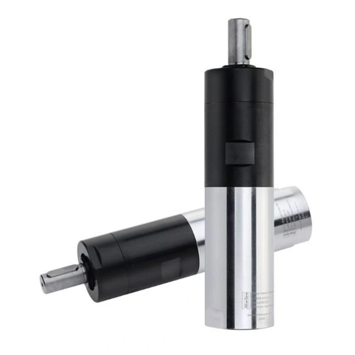 A black-and-silver cylindrical motor in a front-side view, with a shaft
