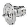 A black-and-silver cylindrical motor shown at an angle, with a shaft at one