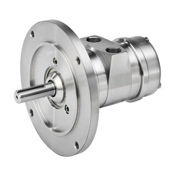 A black-and-silver cylindrical motor shown at an angle, with a shaft at one
