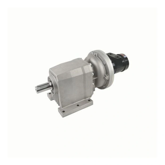 A black-and-silver motor with a round front plate, two threaded ports on top