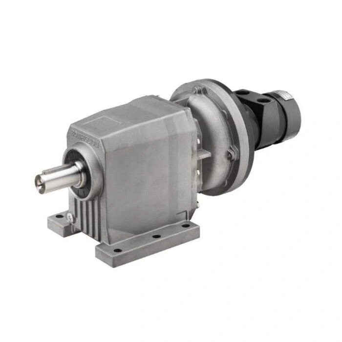 Gray air motor with a boxy housing, front shaft, and mounting feet, shown
