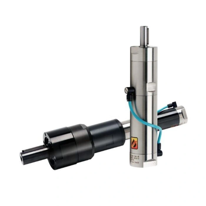 Air motor with brake in a vertical cylindrical layout, with a separate black