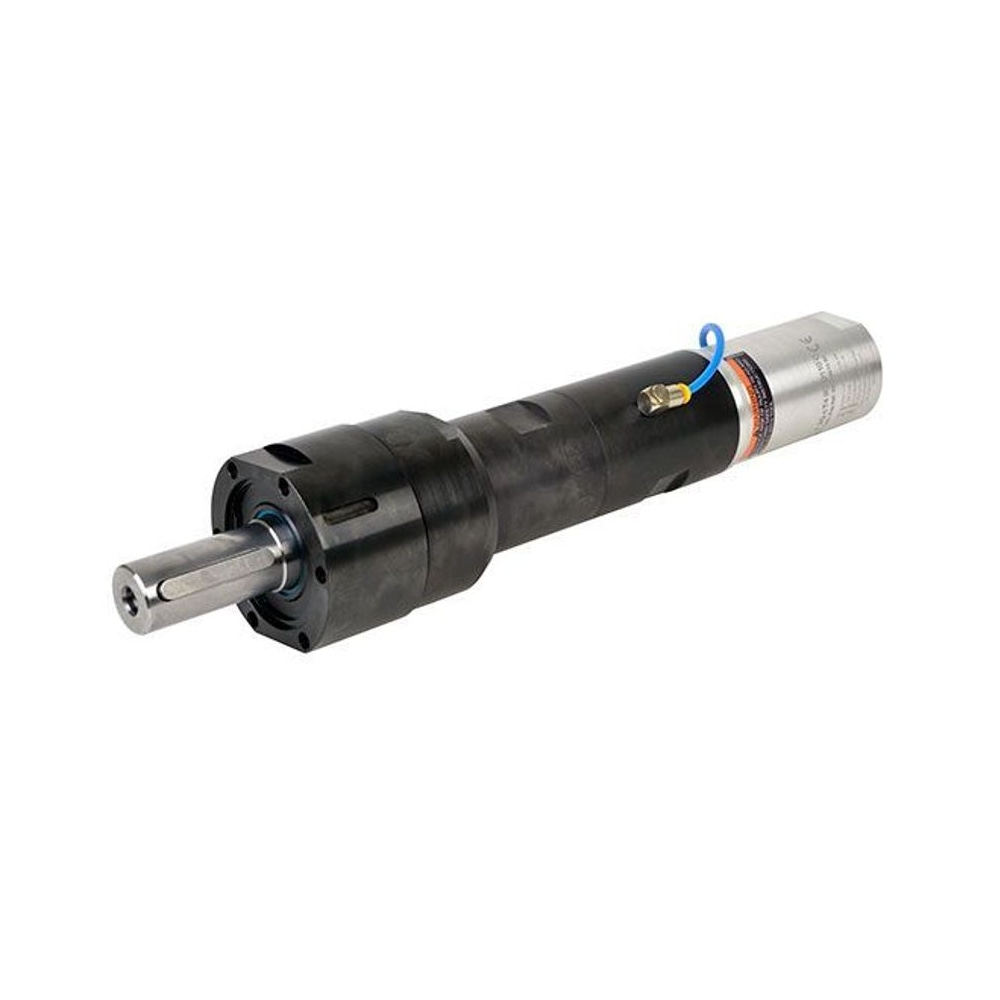 Angled view of a black and silver cylindrical air motor with a front metal