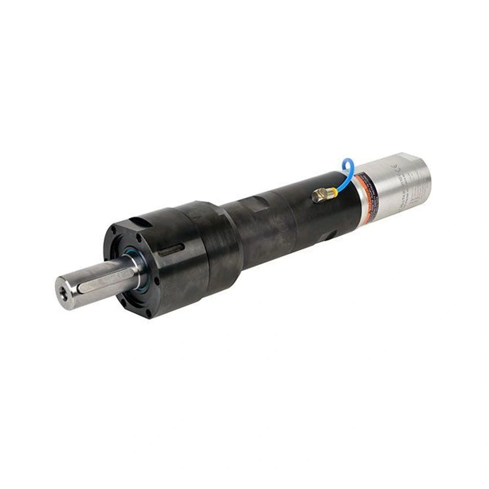 Angled view of a black and silver cylindrical air motor with a front metal