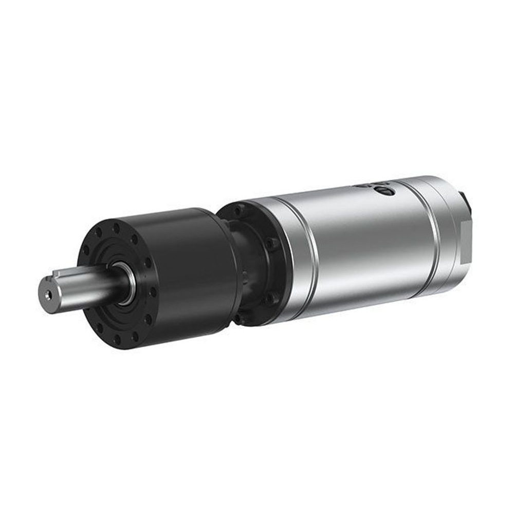 Side view of a black and silver cylindrical air motor with metal shafts