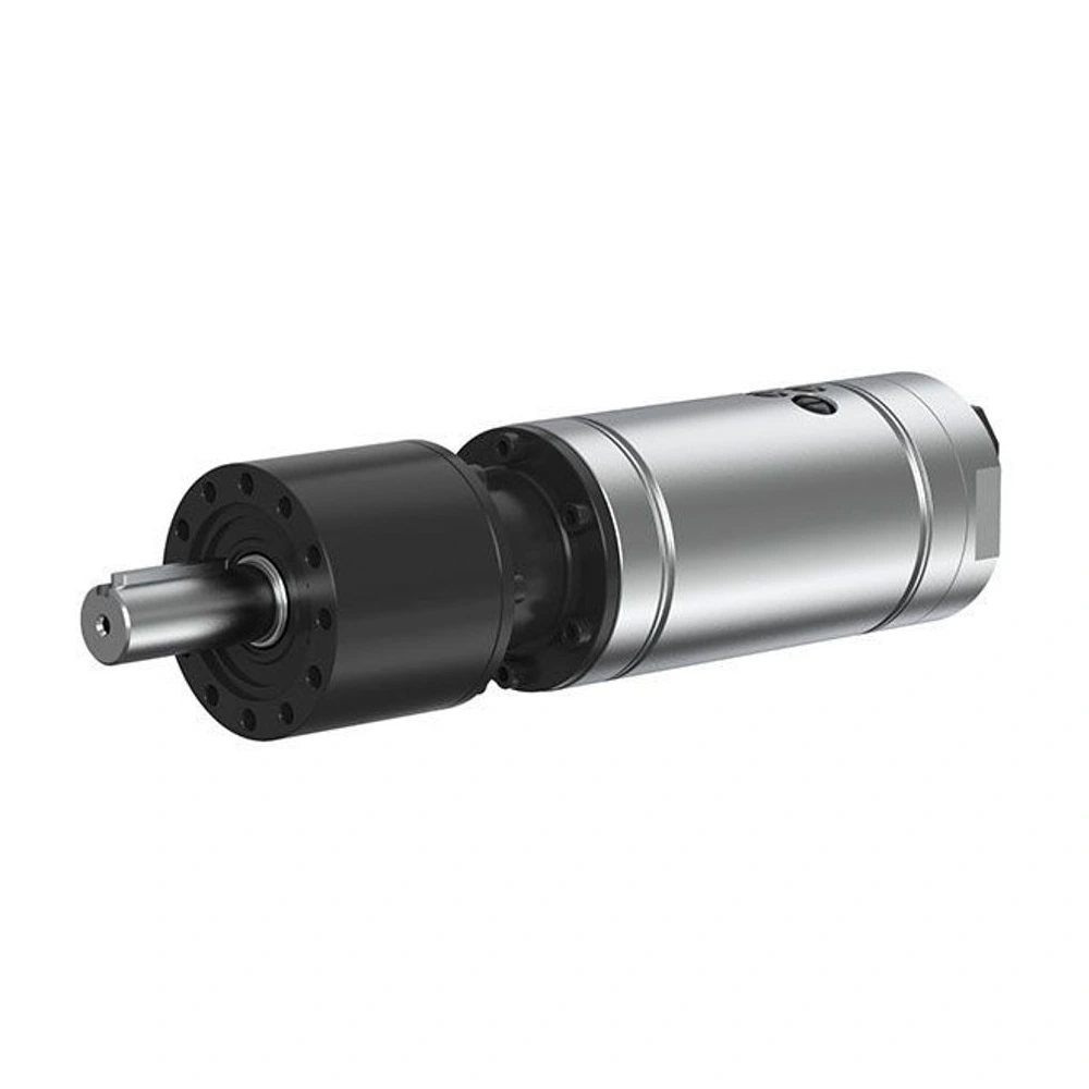 Side view of a black and silver cylindrical air motor with metal shafts