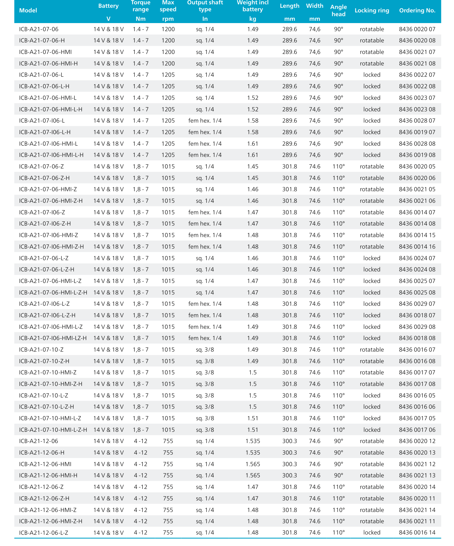 טבלת מפרט עם דגמי ICB-A21 ונתונים טכניים - Specification table with ICB-A21 models and technical data