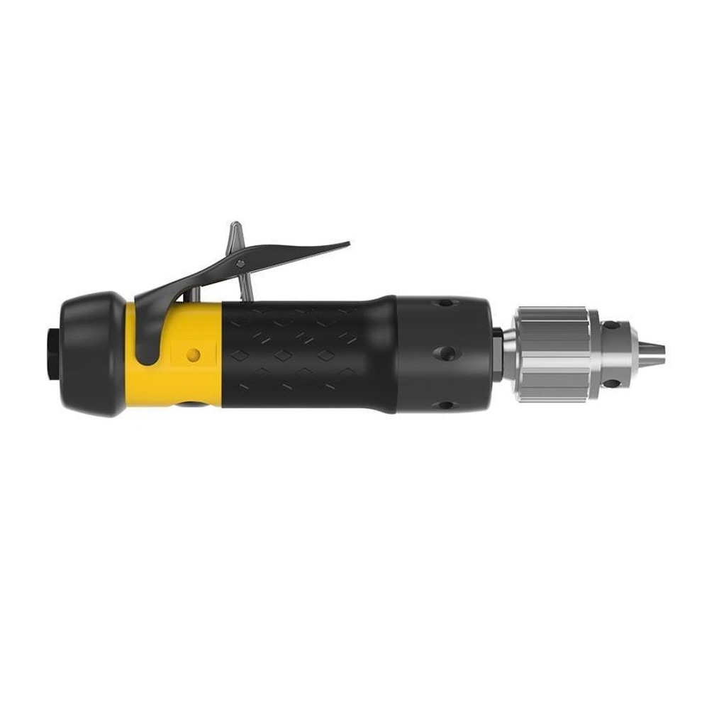 Compact black and yellow pneumatic straight drill shown in side view