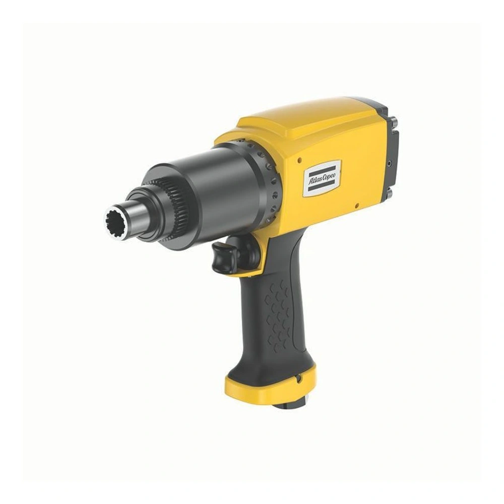 Yellow and black pneumatic torque wrench shown in a three-quarter view