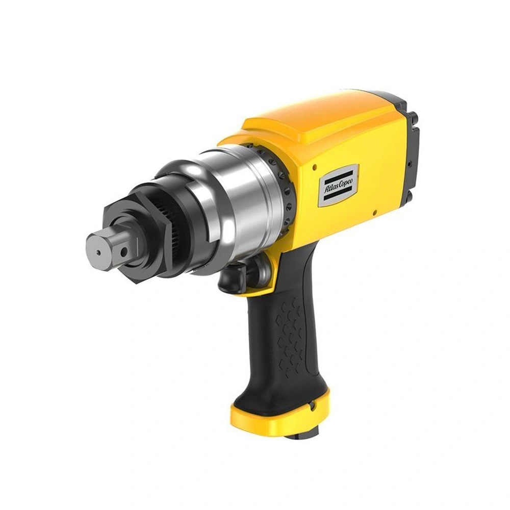 Yellow and black pneumatic torque wrench shown in a three-quarter view