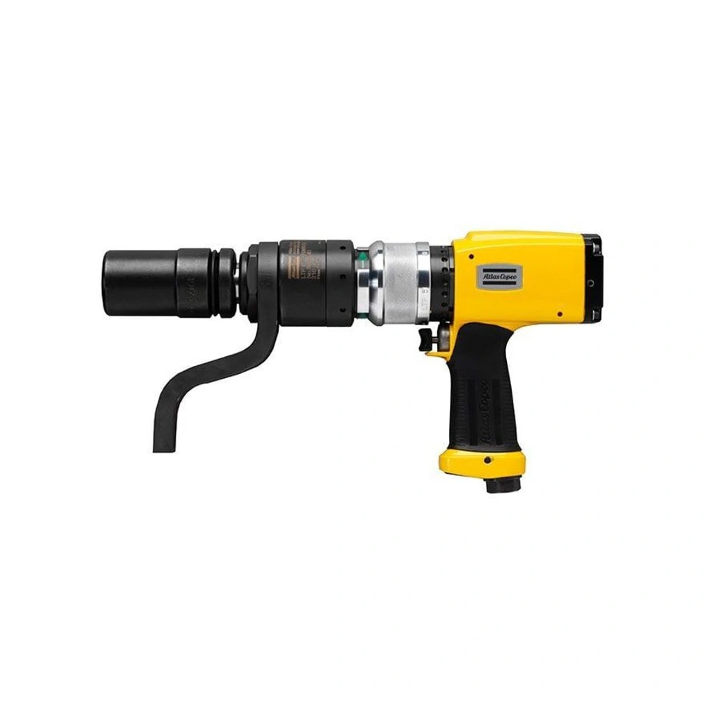 Yellow and black pneumatic torque wrench shown in side view, with a long