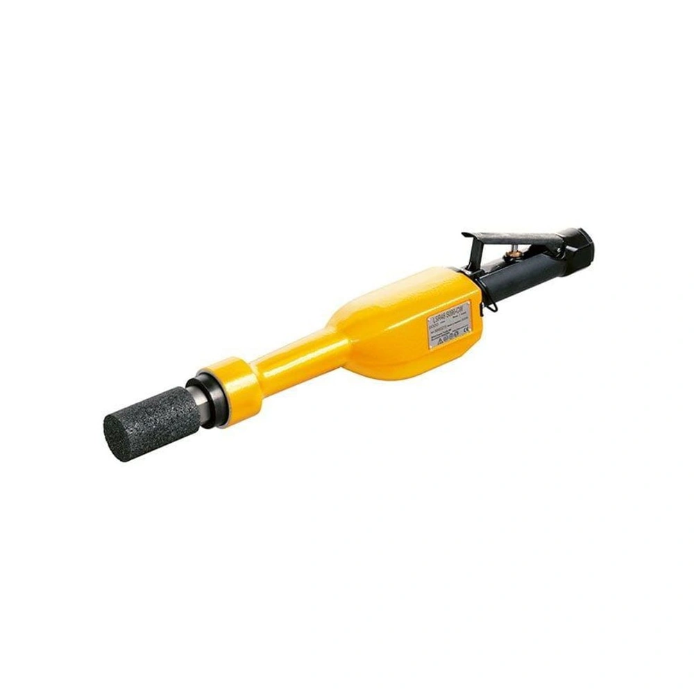 Yellow and black pneumatic straight grinder shown at an angle, with a dark