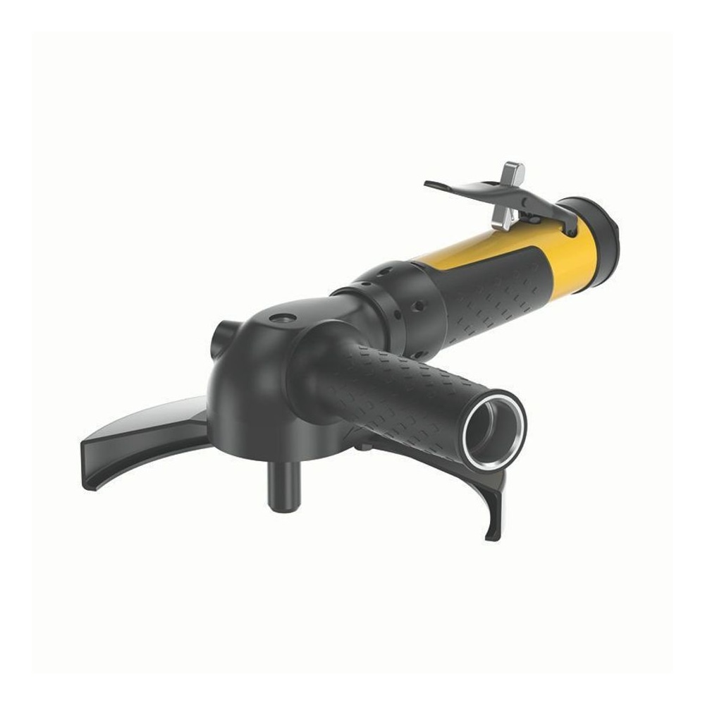 A black-and-yellow pneumatic angle grinder with a wide curved lower guard