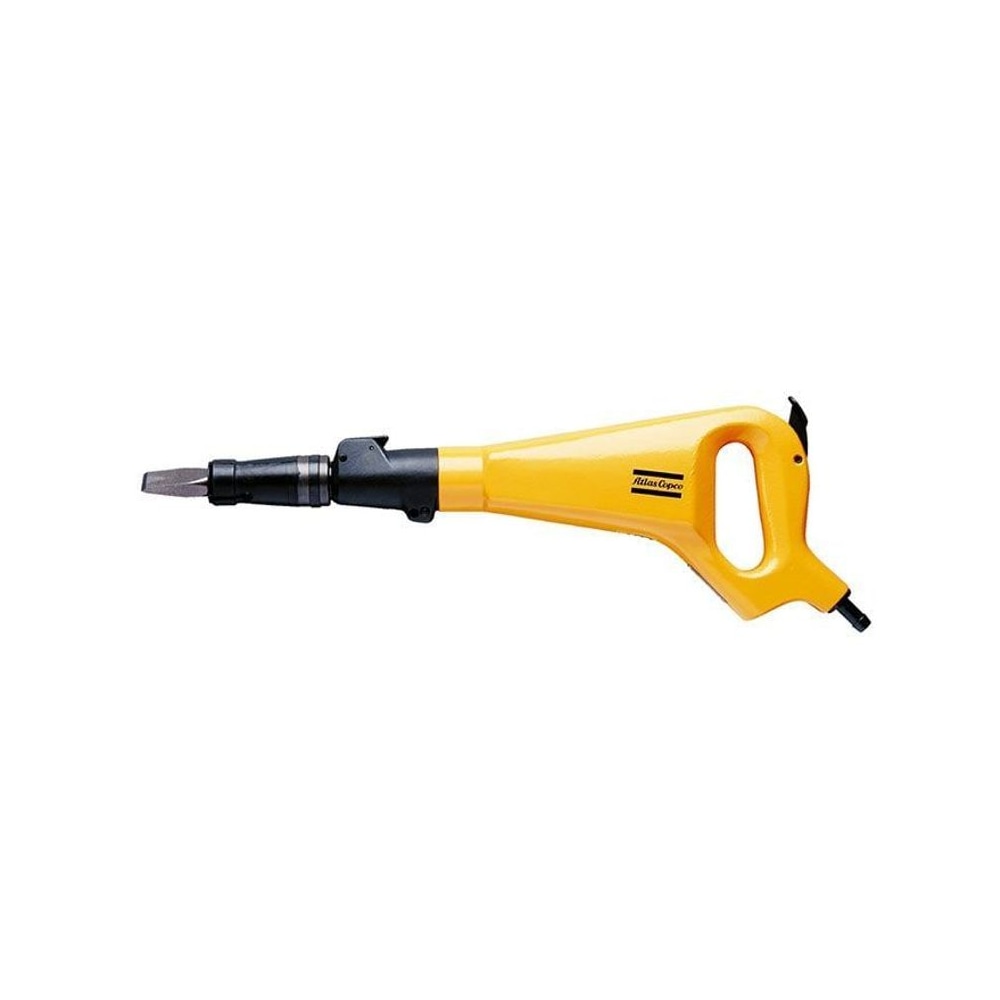 Side view of a yellow and black pneumatic chipping hammer on a white