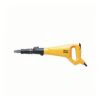 Side view of a yellow and black pneumatic chipping hammer on a white