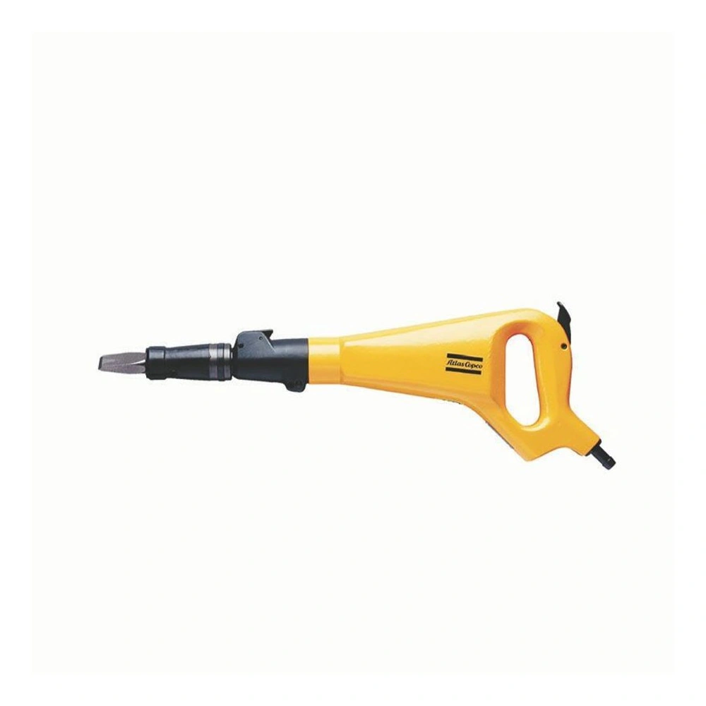 Side view of a yellow and black pneumatic chipping hammer on a white