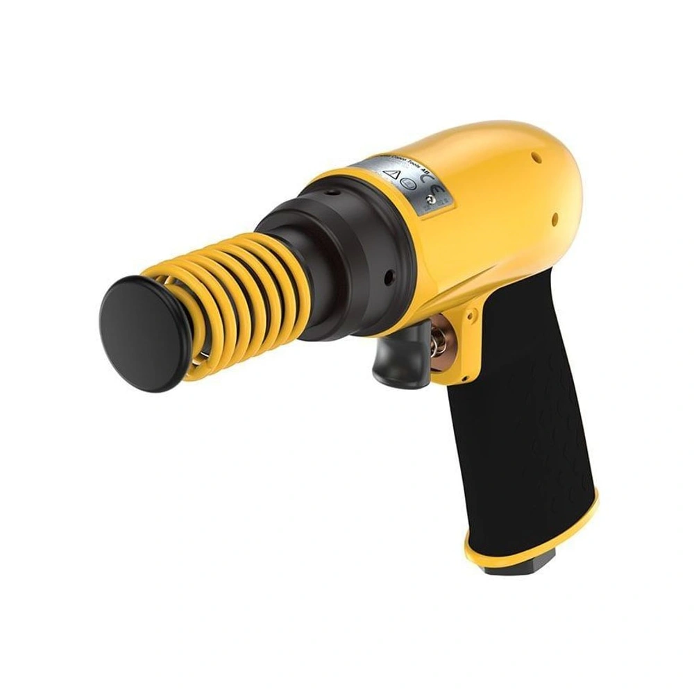 Yellow-and-black pneumatic tool shown in an angled front view, with a large
