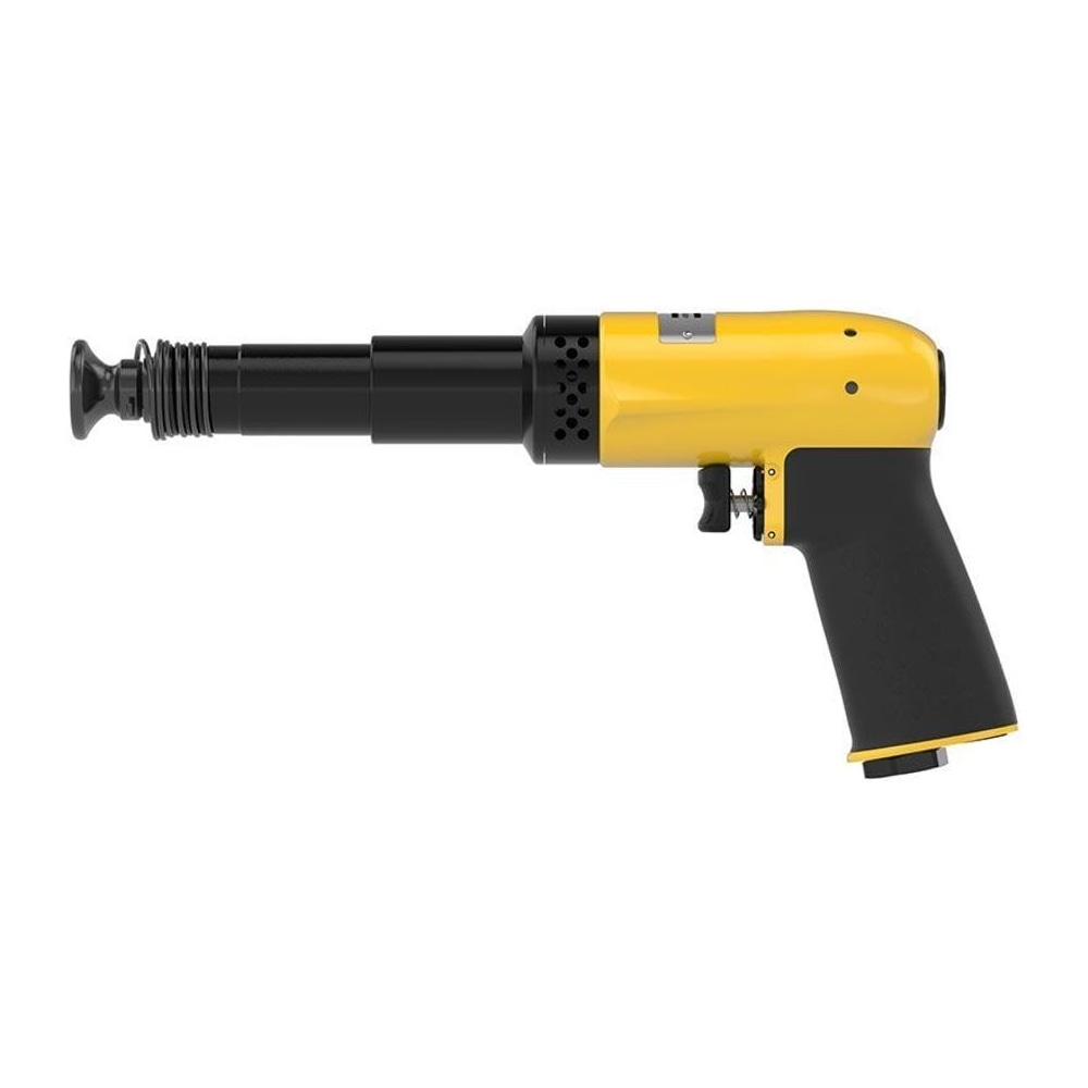 Yellow-and-black pneumatic riveting hammer or drill-like tool in side view