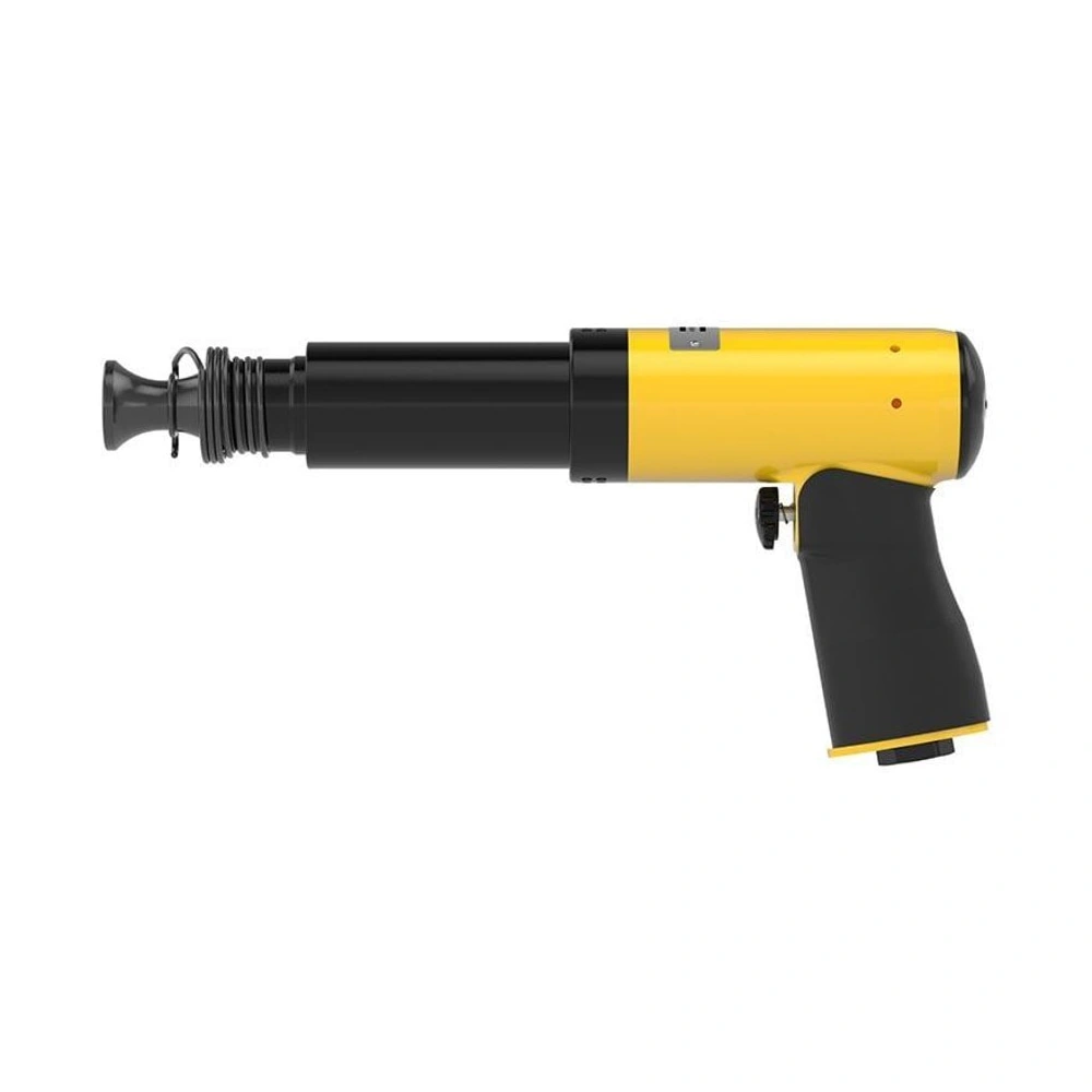 Yellow-and-black pneumatic tool in side view, with a long front section