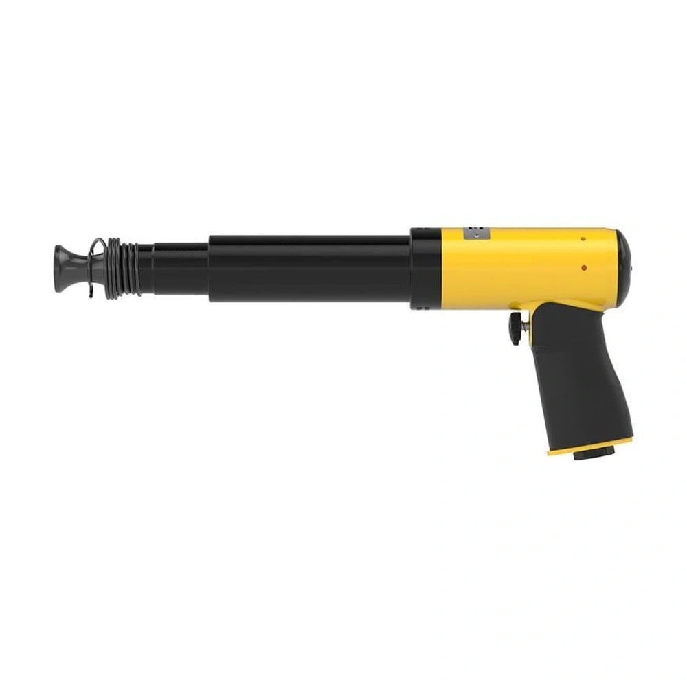 Yellow-and-black pneumatic tool in side view, with an especially long front