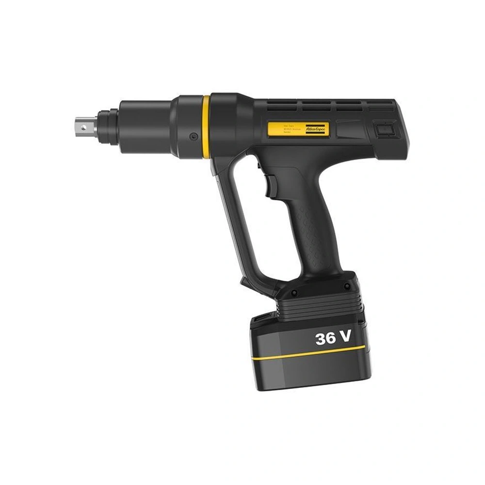Black cordless torque wrench with yellow accent and side view, on a white