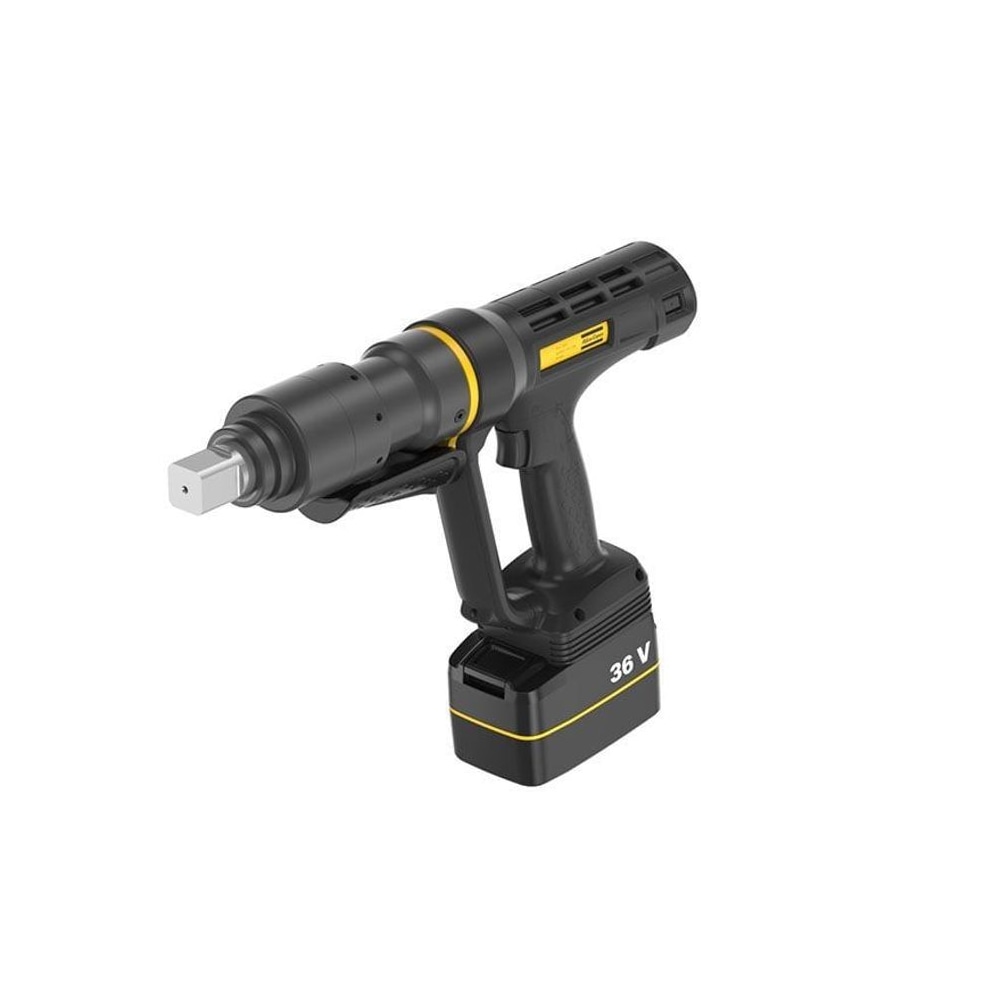 Black cordless torque wrench in a front angled view, with a protruding