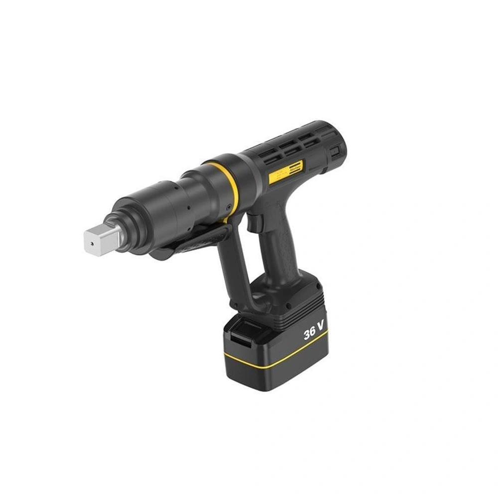 Black cordless torque wrench in a front angled view, with a protruding