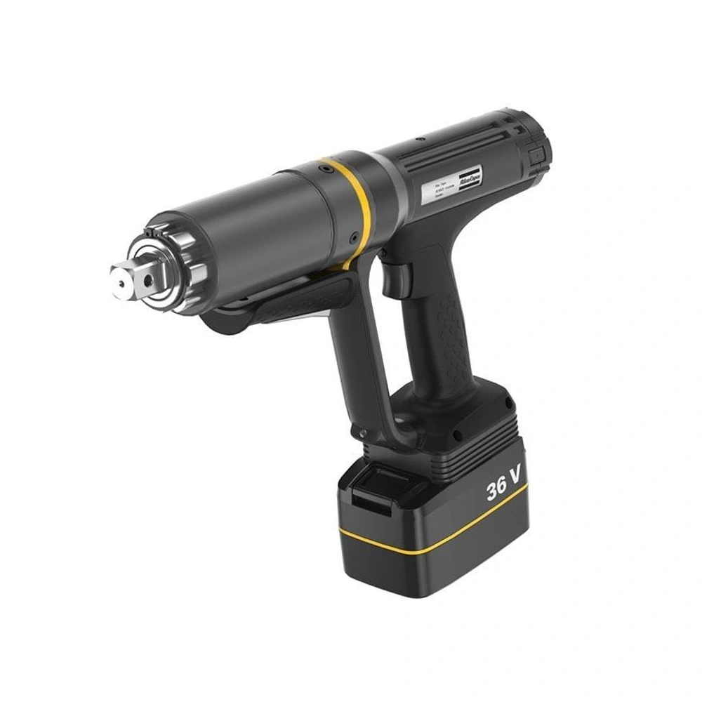Black cordless torque wrench in an angled view, with a cylindrical front